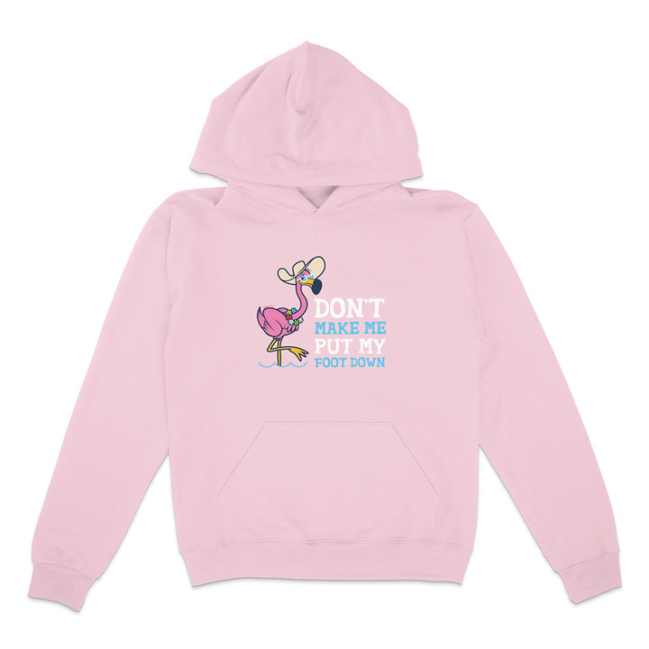 Pink hoodie with a flamingo graphic and text on a white background