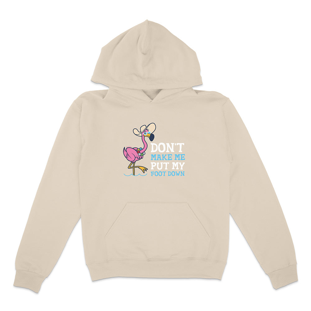 Beige hoodie with a flamingo graphic and text on a white background