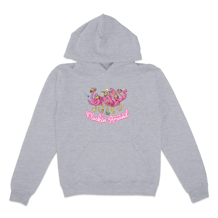 Gray hoodie with colorful flamingo design and 'Flakies Around' text on a white background