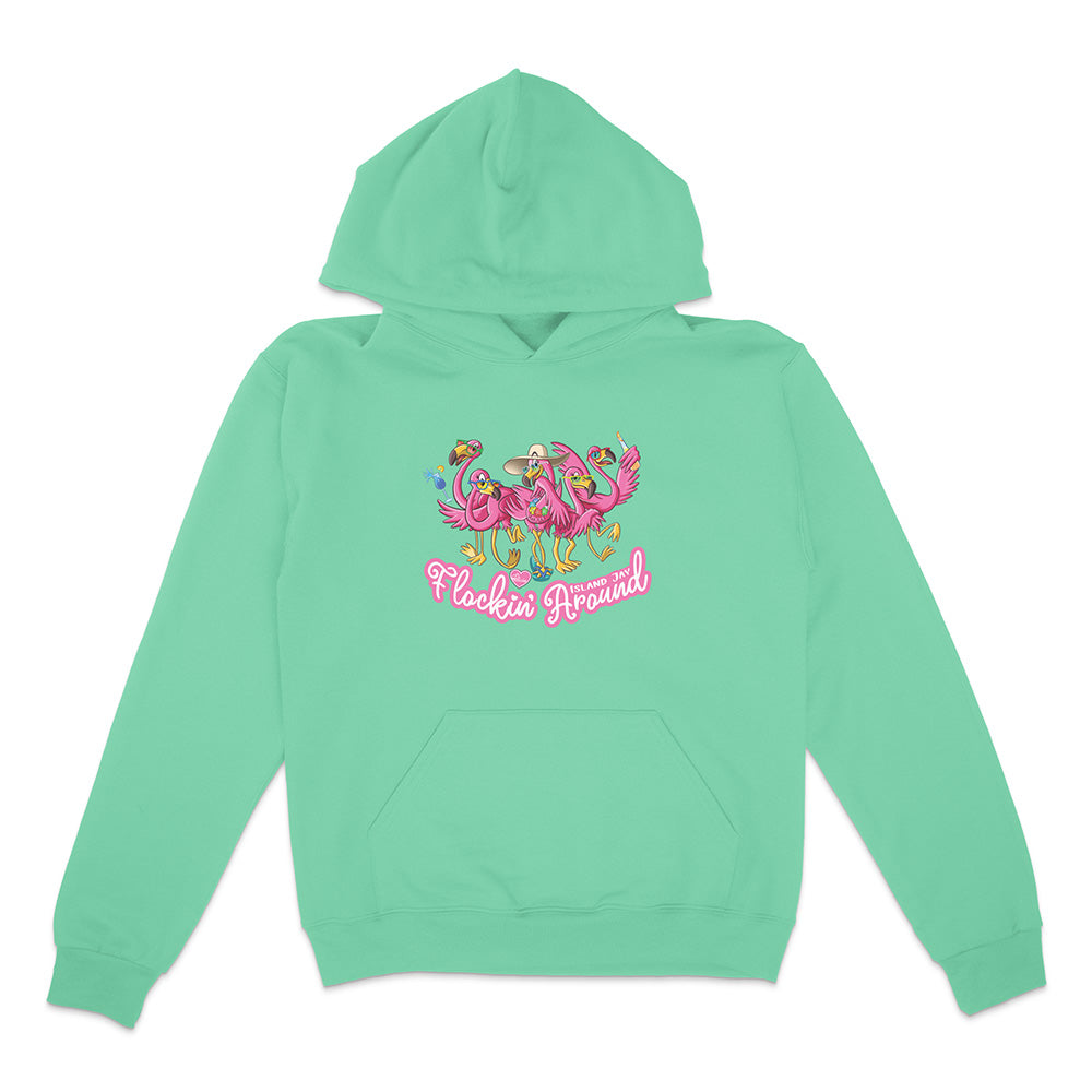 Mint green hoodie with colorful flamingo design and text on a white background