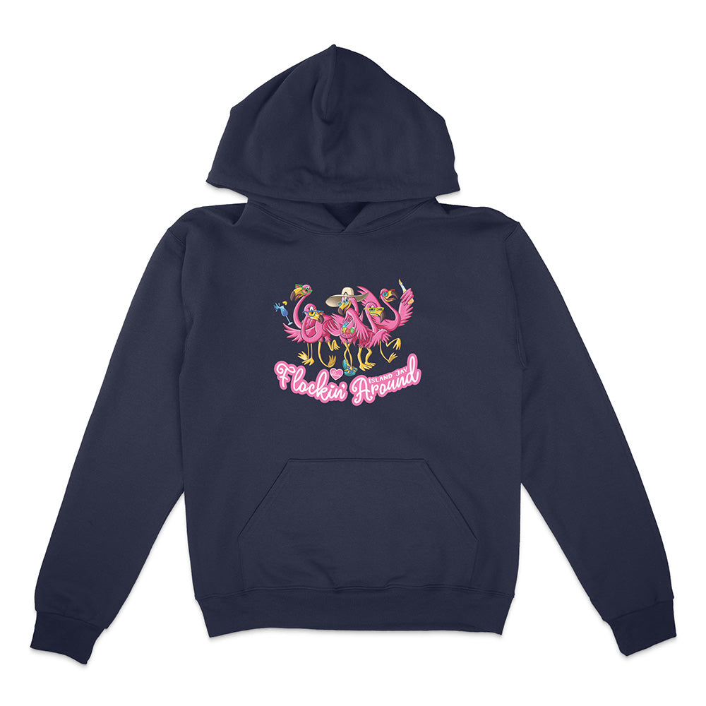 Navy blue hoodie with pink flamingo design on a white background