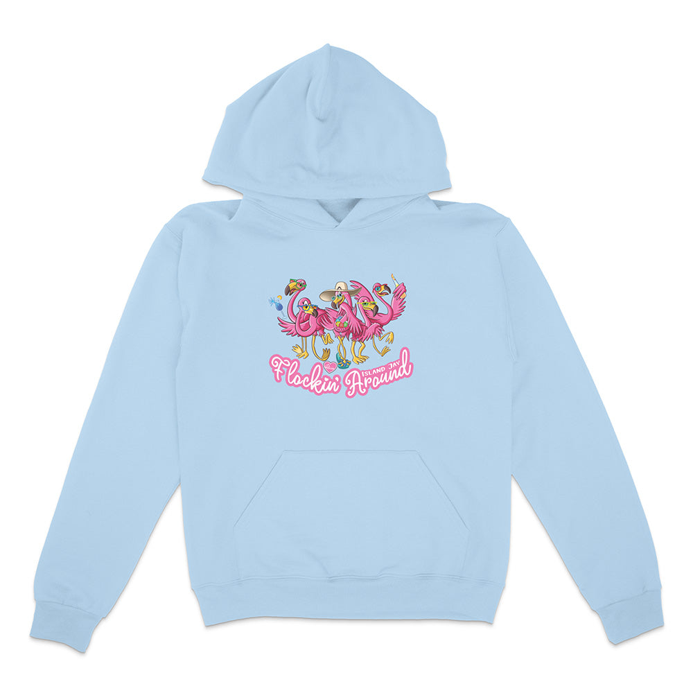 Light blue hoodie with flamingo design and text on a white background