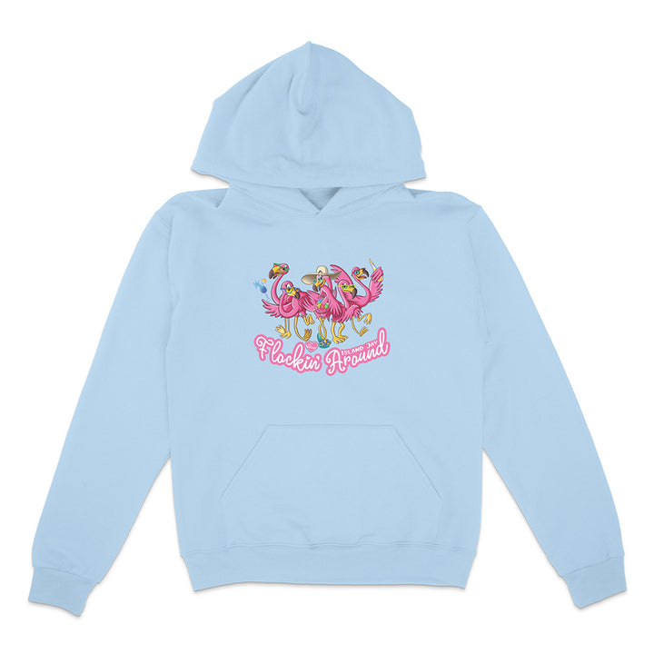 Light blue hoodie with flamingo design and text on a white background