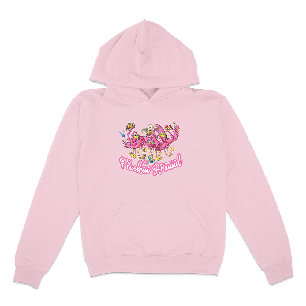 Pink hoodie with colorful flamingo design and text on a white background
