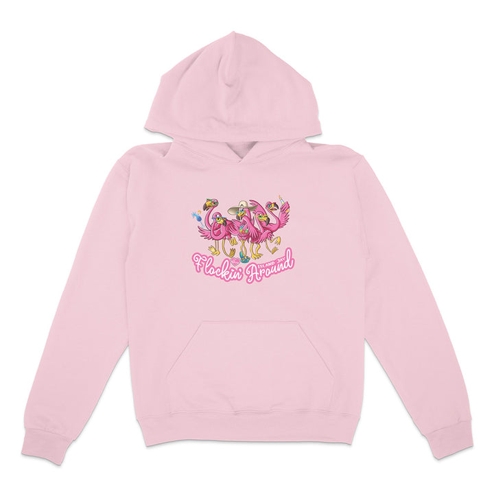 Pink hoodie with colorful flamingo design and text on a white background
