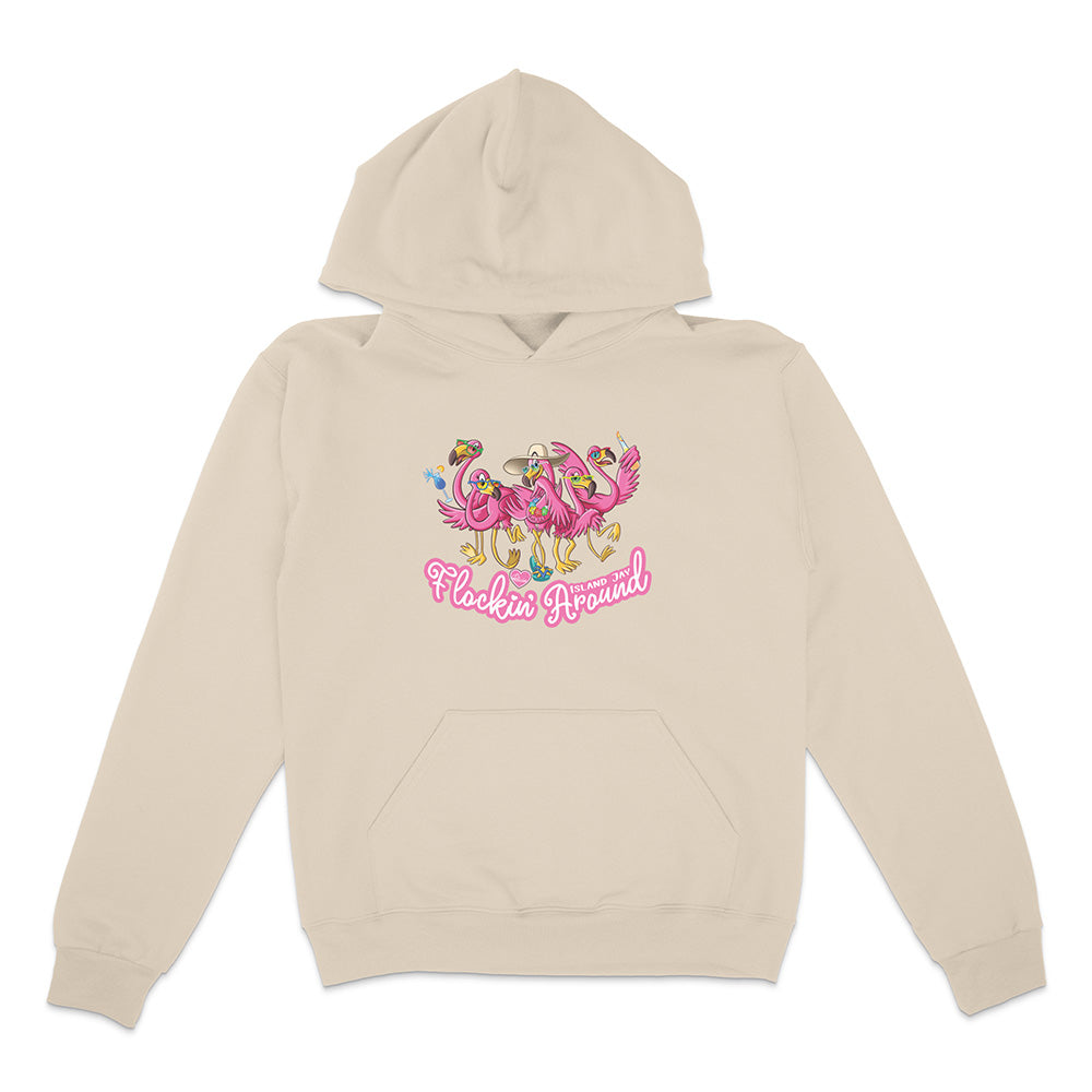 Beige hoodie with colorful flamingo design and 'Flakie Around' text on a white background