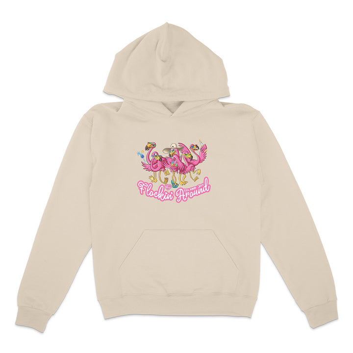 Beige hoodie with colorful flamingo design and 'Flakie Around' text on a white background