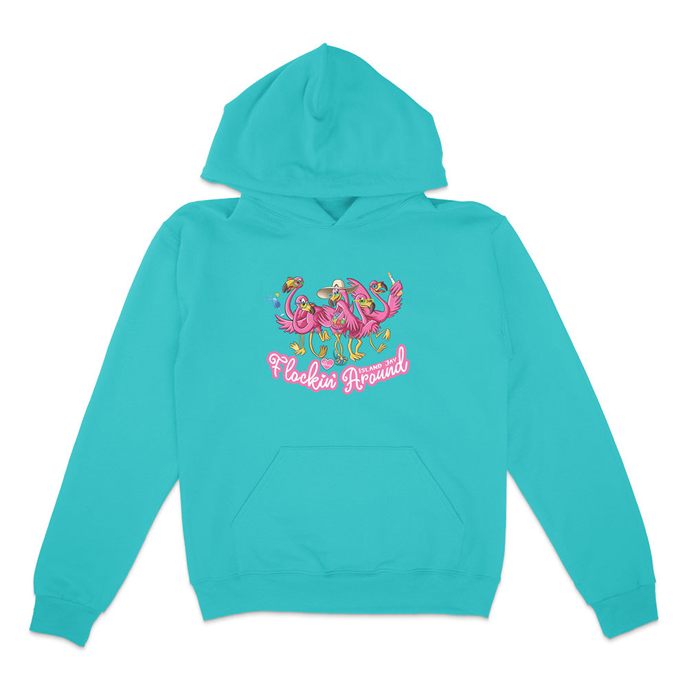 Turquoise hoodie with colorful flamingo design and 'Flakin' Around' text on a white background