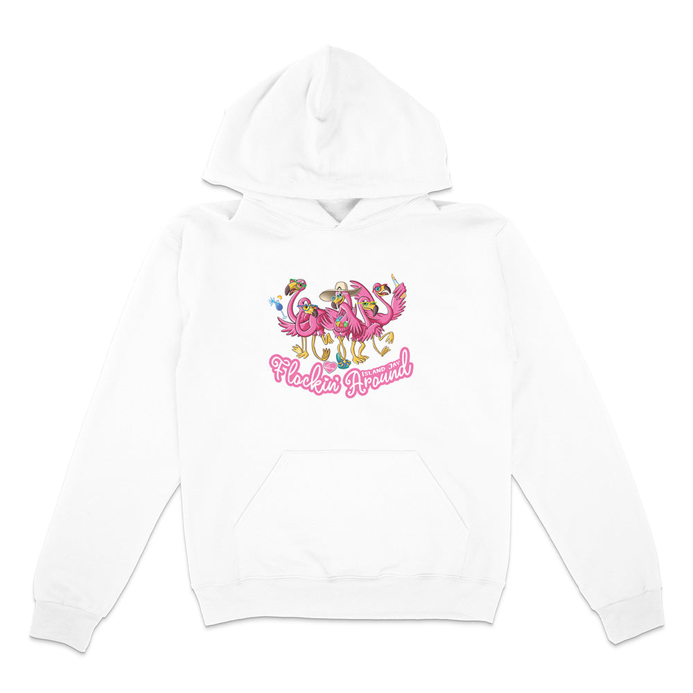White hoodie with colorful flamingo design and text on a white background