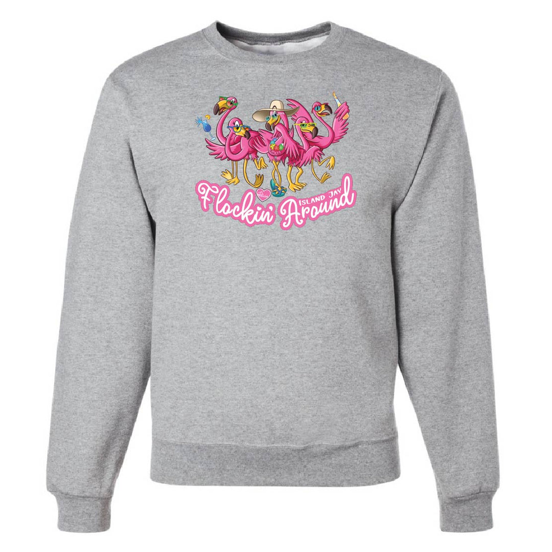 Gray sweatshirt with colorful flamingo design and text on a white background