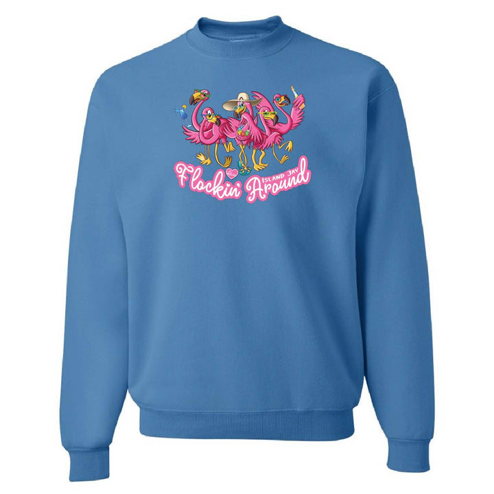 Blue sweatshirt with flamingo design and text on a white background
