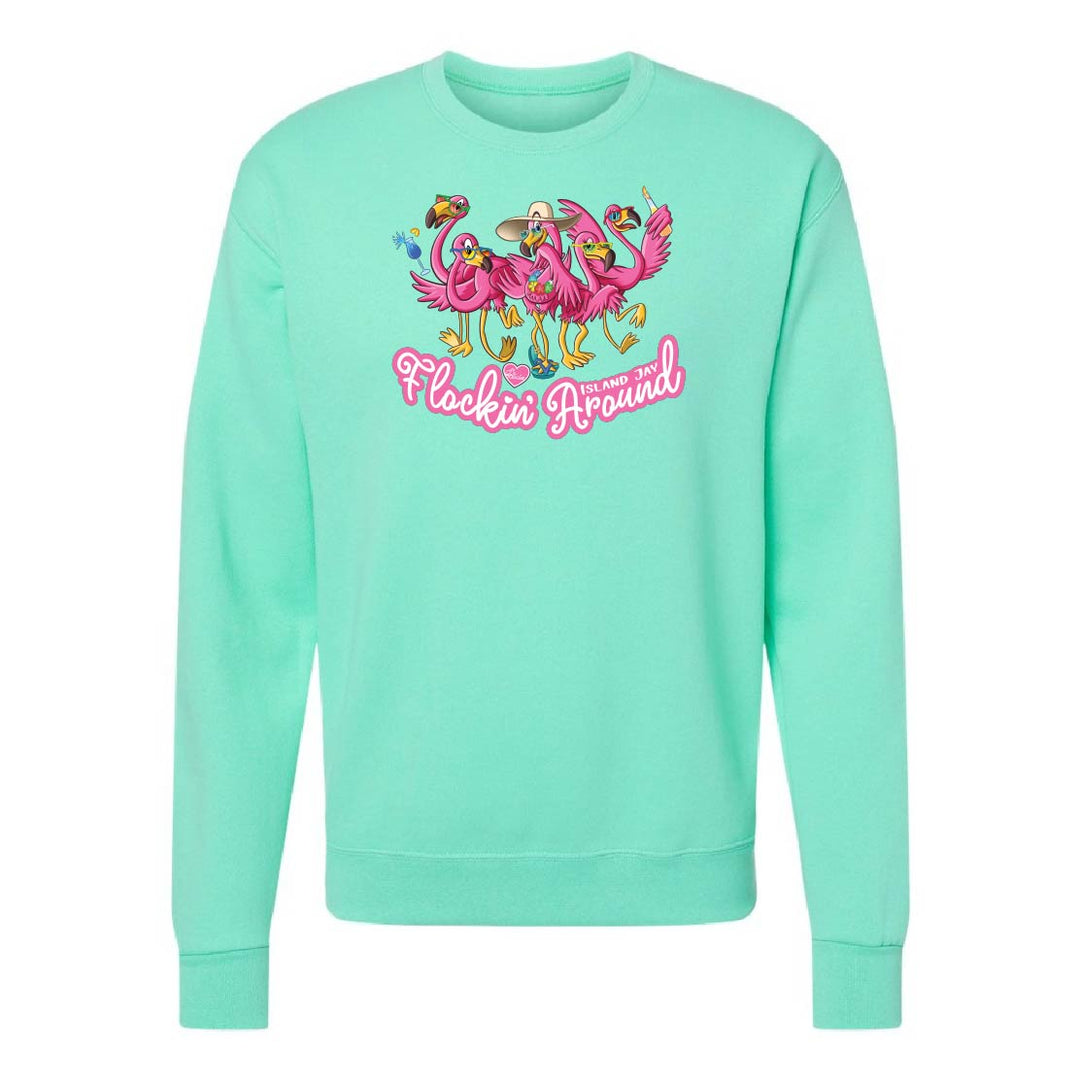 Mint green sweatshirt with flamingo design and text on a white background