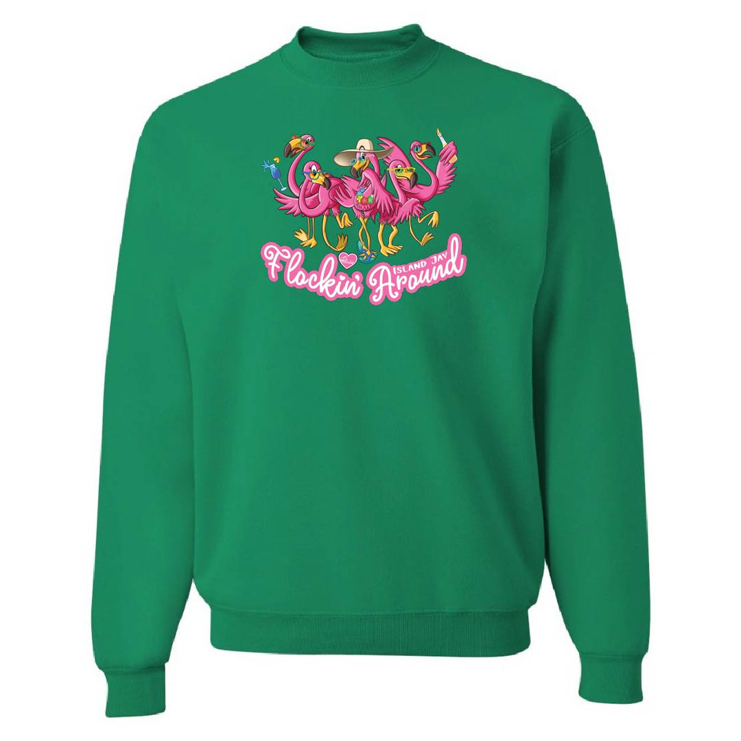 Green sweatshirt with pink flamingo design and text on a white background