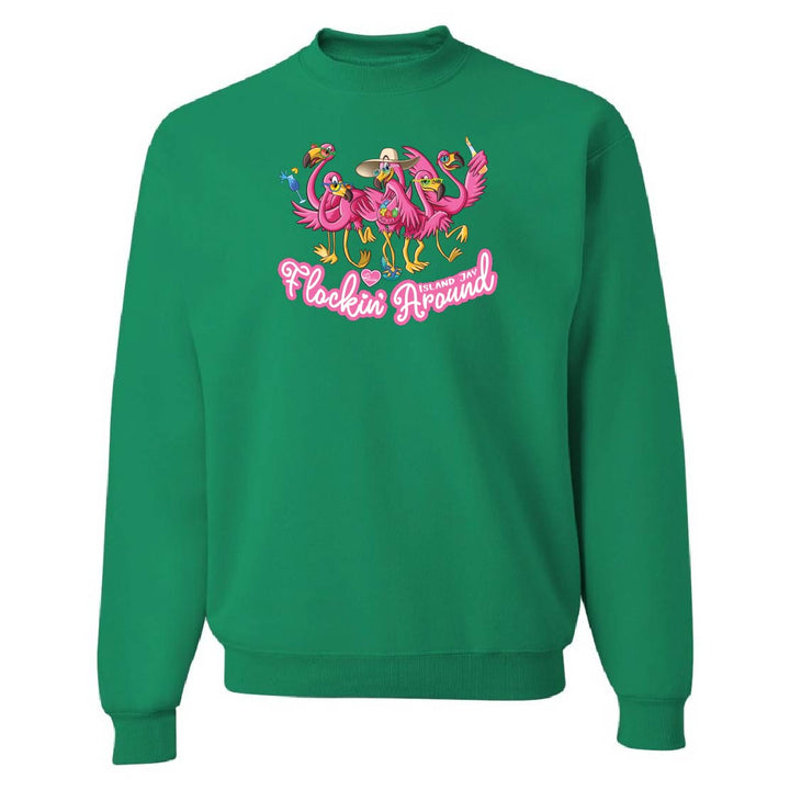 Green sweatshirt with pink flamingo design and text on a white background