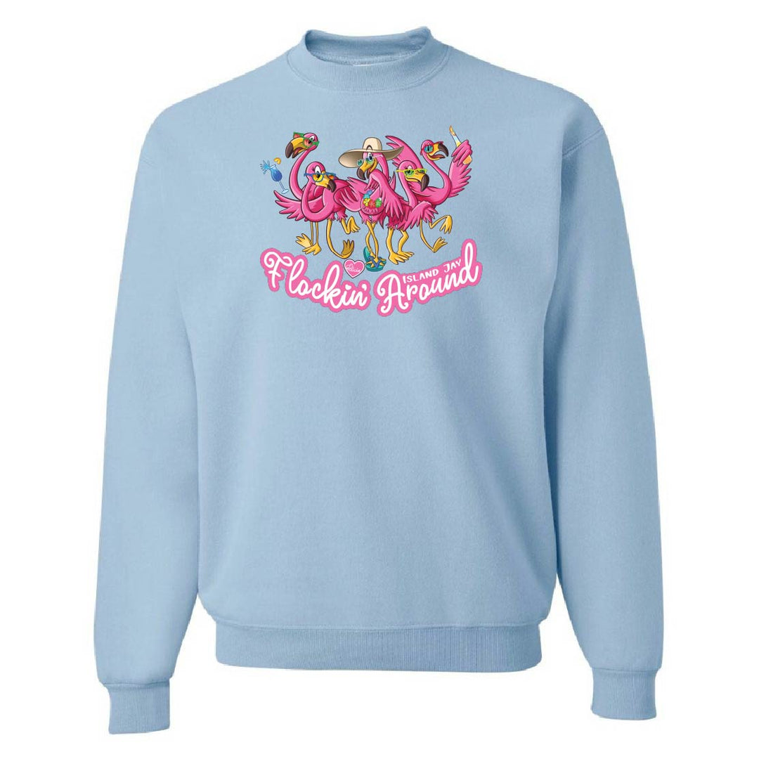 Light blue sweatshirt with pink flamingo design and 'Flockin' Around' text on a white background