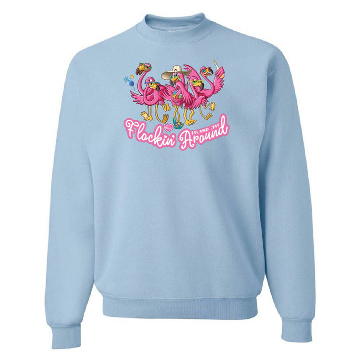 Light blue sweatshirt with pink flamingo design and 'Flockin' Around' text on a white background