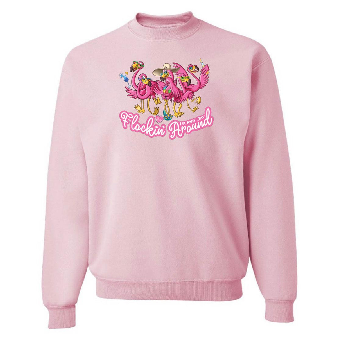 Pink sweatshirt with flamingo design and text on a white background