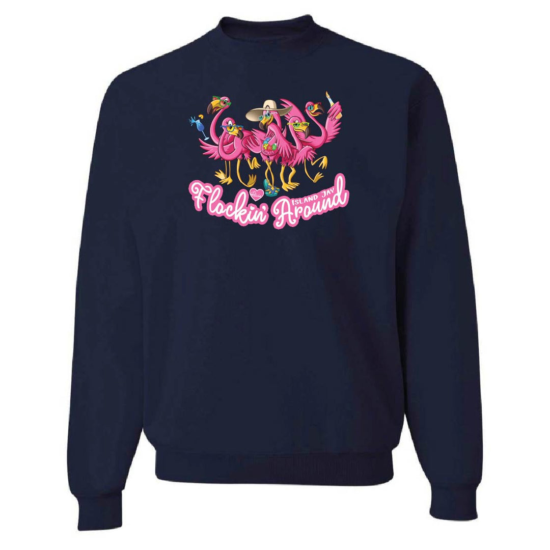 Navy blue sweatshirt with colorful flamingo design and text on a white background