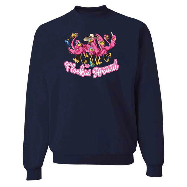 Navy blue sweatshirt with colorful flamingo design and text on a white background