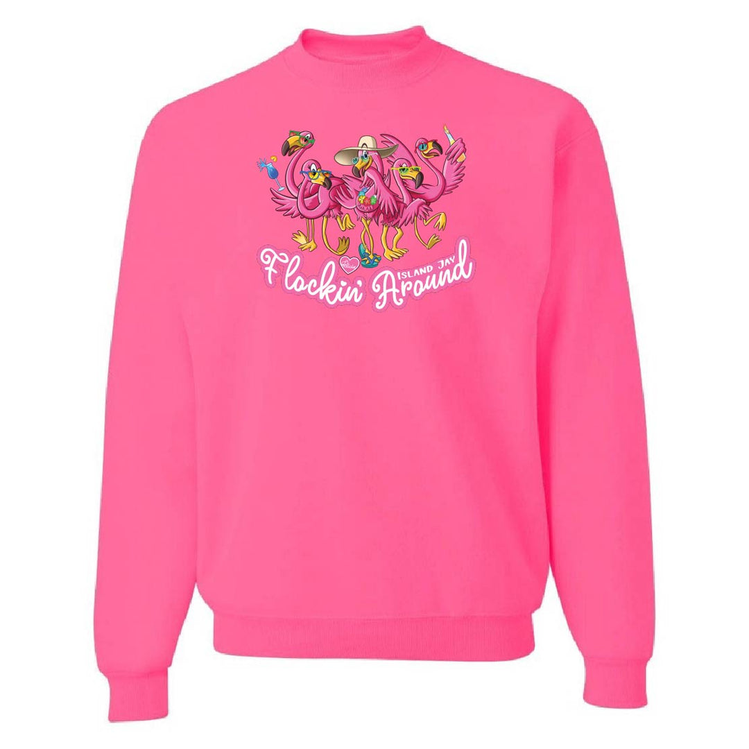 Pink sweatshirt with flamingo design and text on a white background