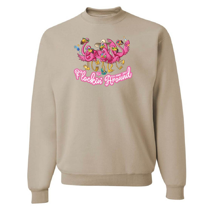 Beige sweatshirt with colorful flamingo design and text on a white background