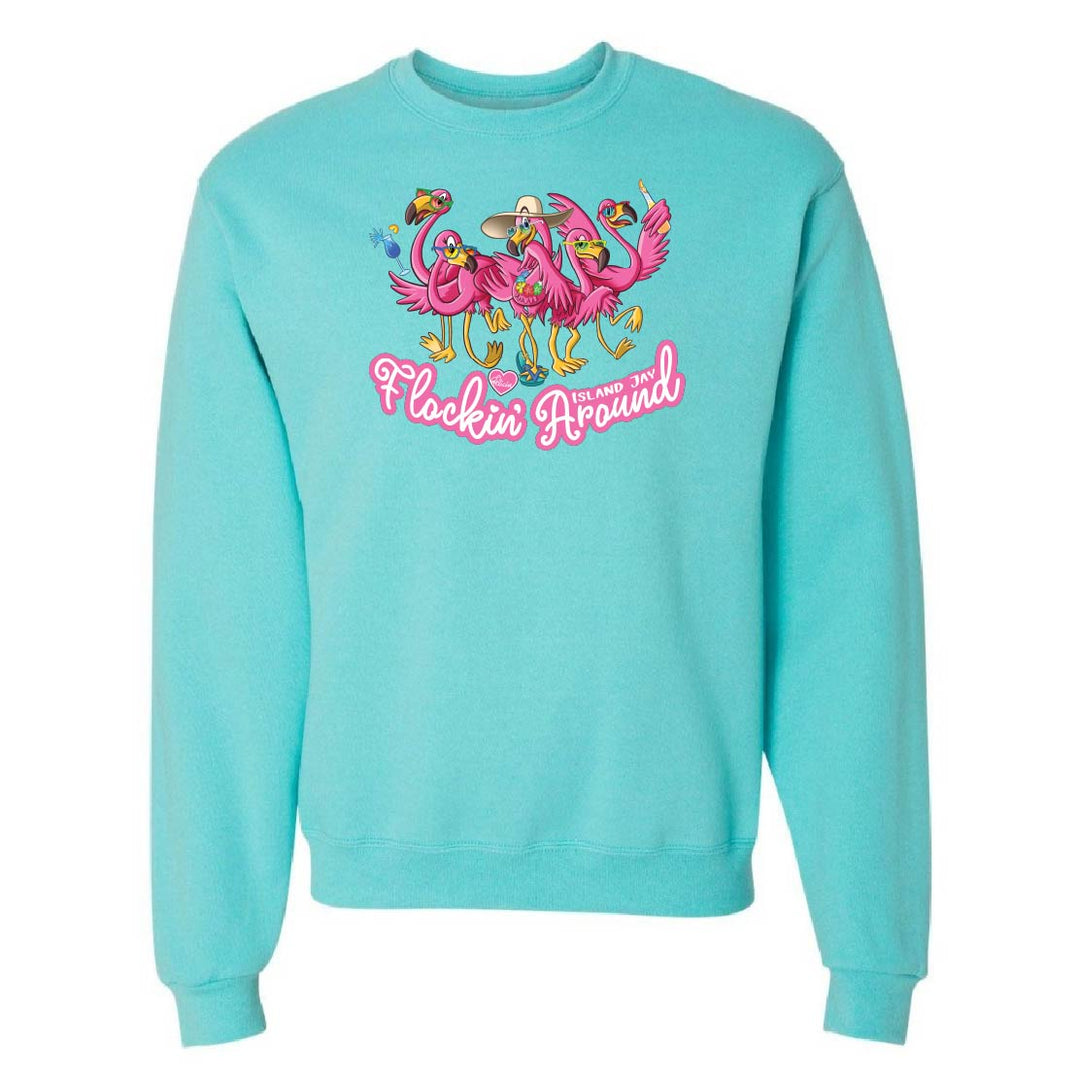 Turquoise sweatshirt with flamingo design and text on a white background