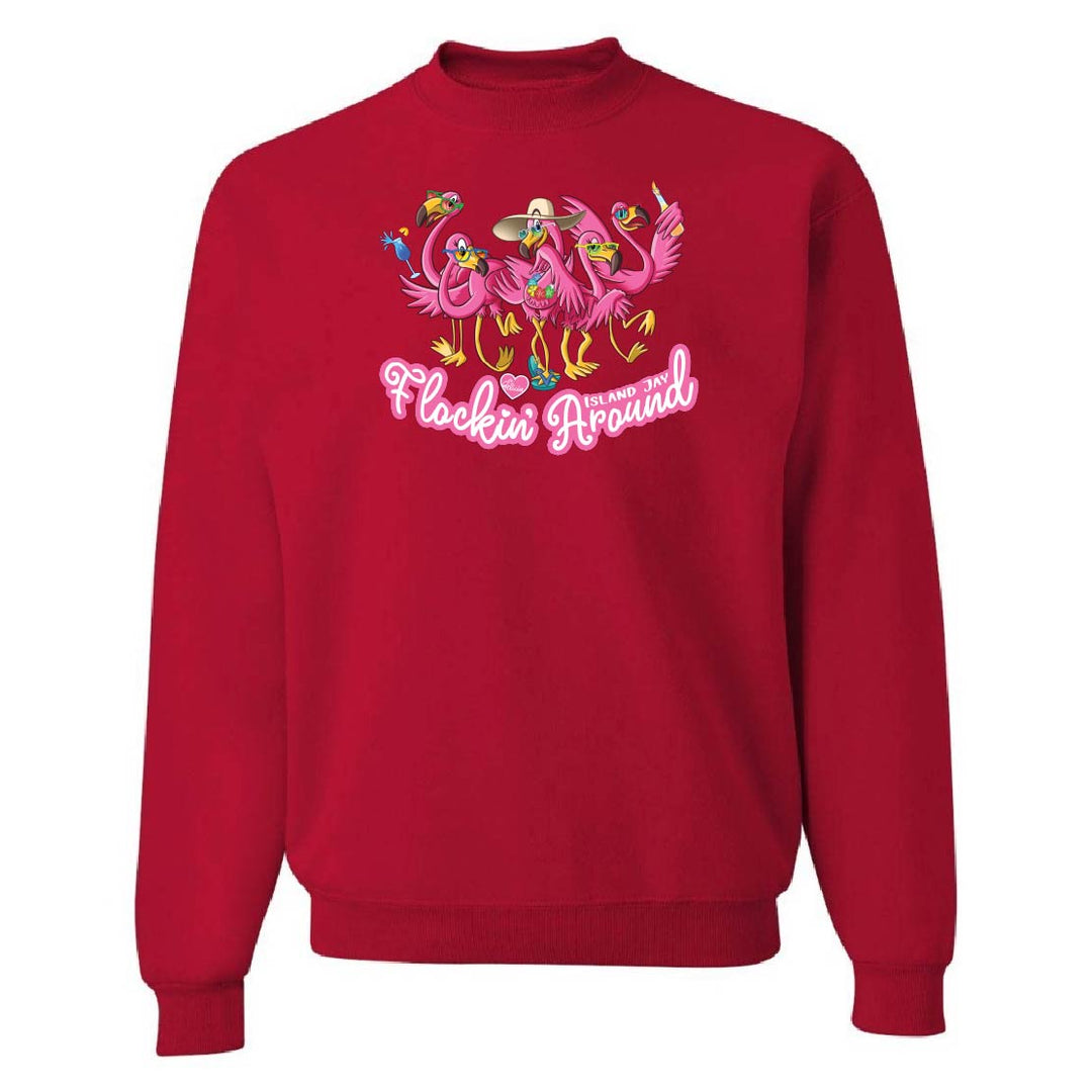 Red sweatshirt with flamingo design and text on a white background