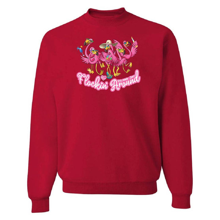 Red sweatshirt with flamingo design and text on a white background
