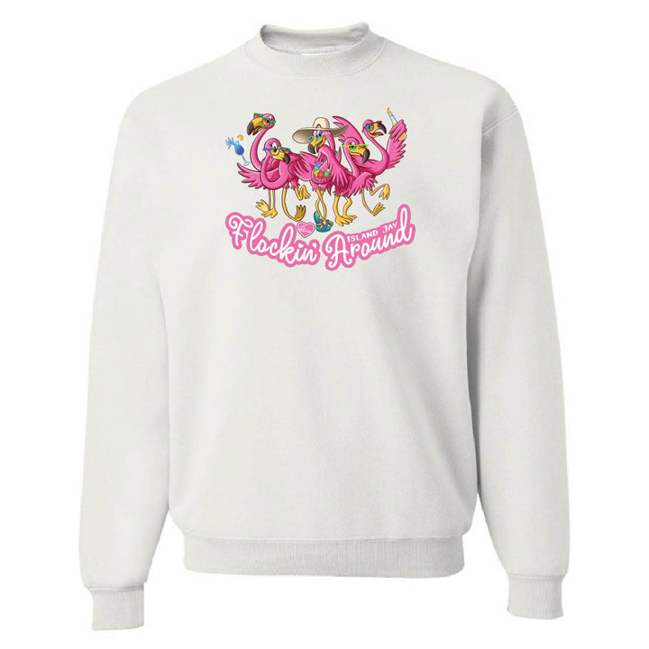 White sweatshirt with flamingo design and text 'Flockin Around' on a white background