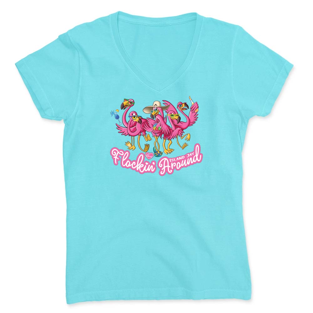Blue t-shirt with flamingo design and text reading "Flockin Around".