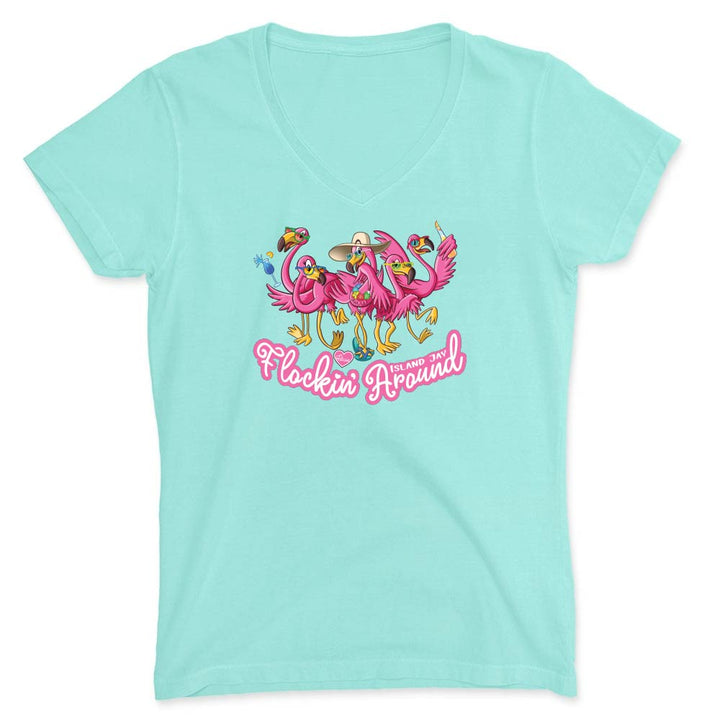Mint green t-shirt with flamingo design and text reading "Flockin Around".
