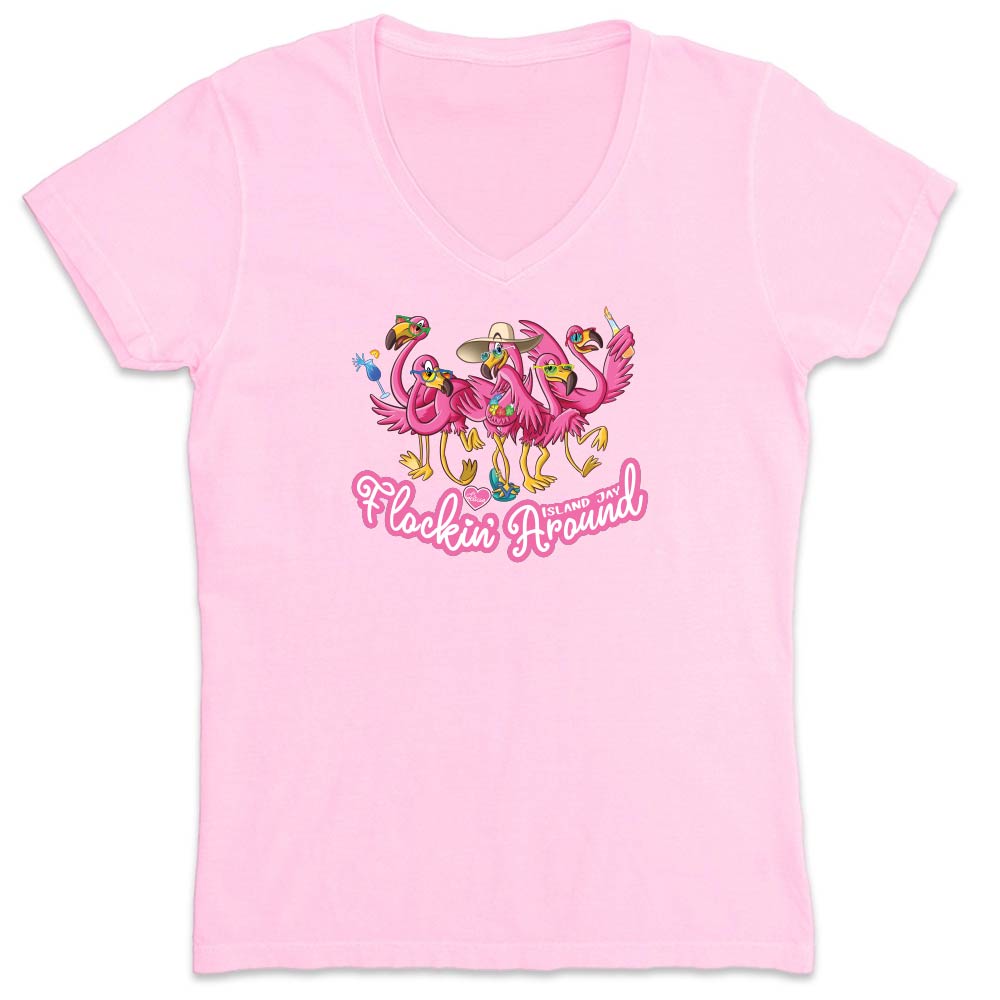 Pink t-shirt with flamingo design and text reading "Flockin Around".