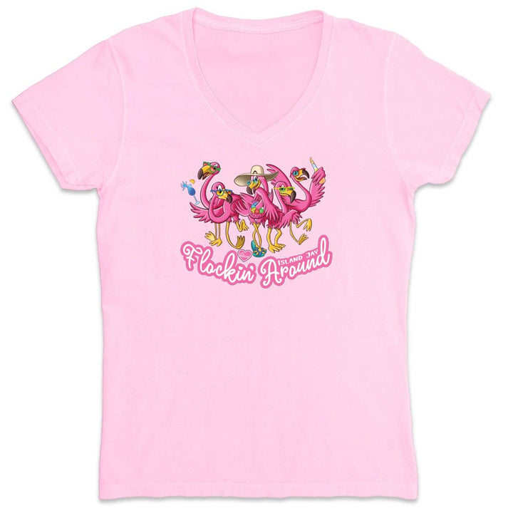 Pink t-shirt with flamingo design and text reading "Flockin Around".