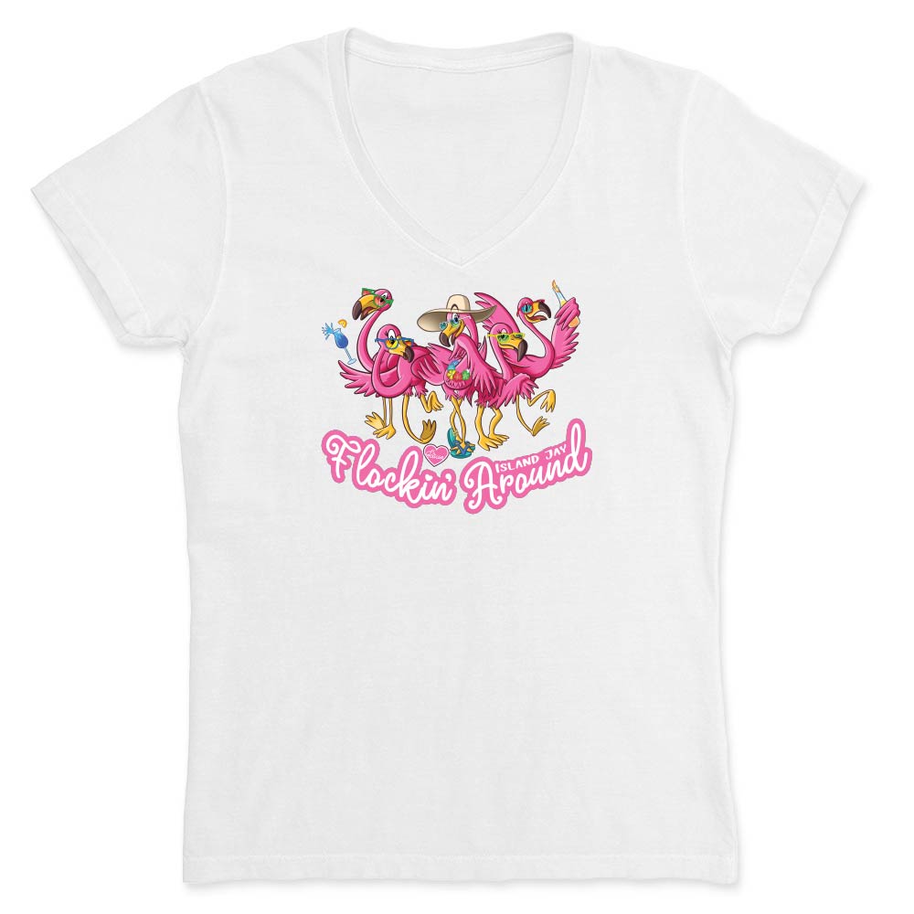 White t-shirt with flamingo design and text reading "Flockin Around".