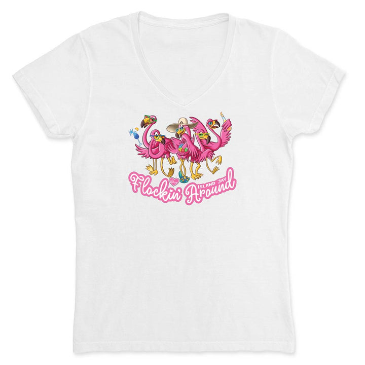 White t-shirt with flamingo design and text reading "Flockin Around".