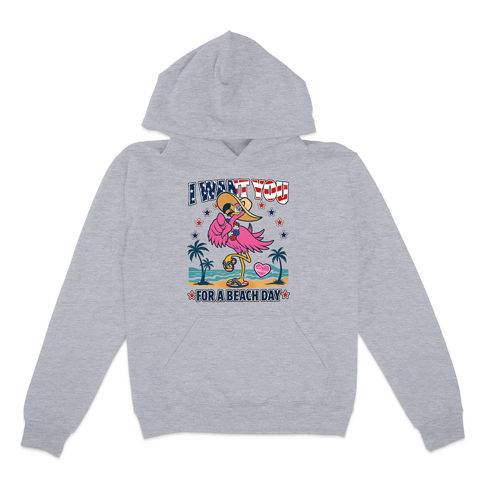 Gray hoodie with a colorful graphic of a flamingo and beach text on a white background