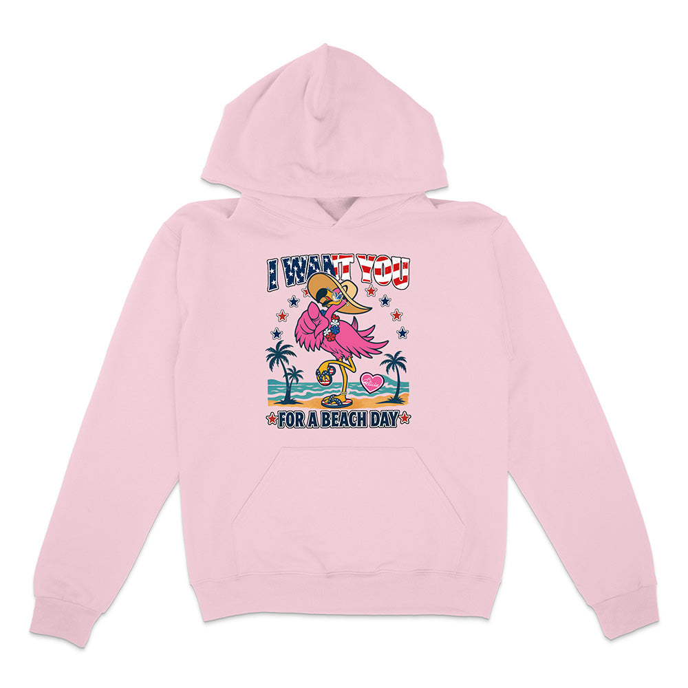 Pink hoodie with a flamingo graphic and text on a white background