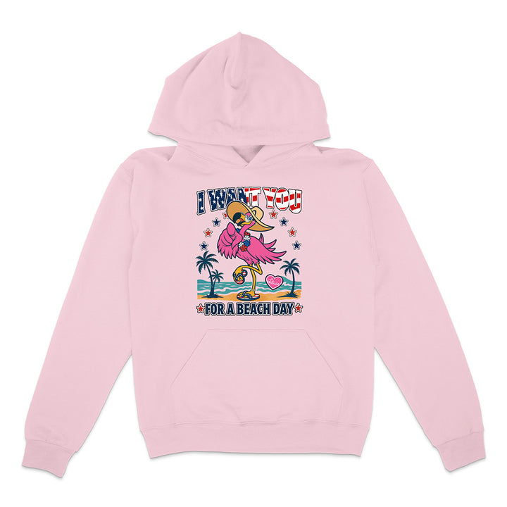 Pink hoodie with a flamingo graphic and text on a white background