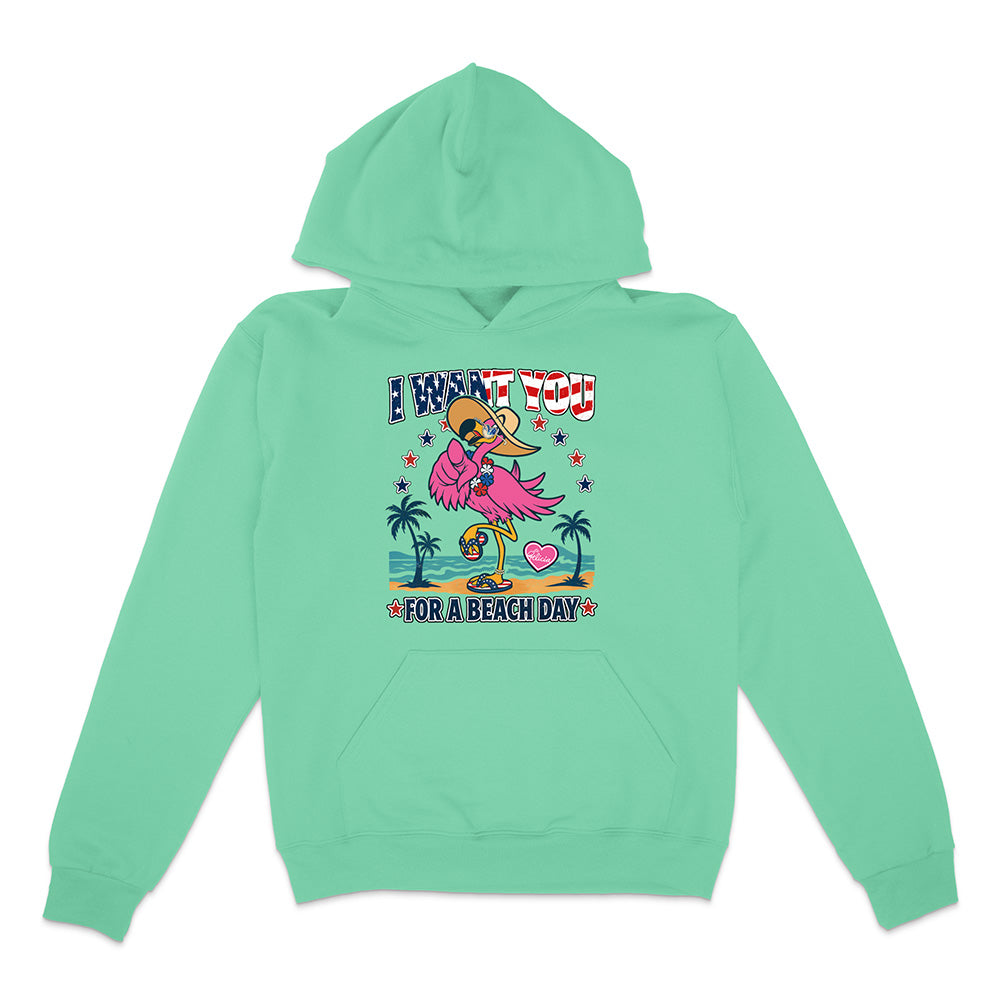 Mint green hoodie with a colorful graphic design on a white background