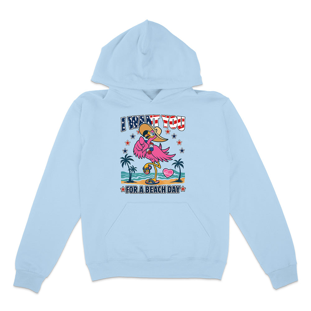 Light blue hoodie with a flamingo graphic and text on a white background