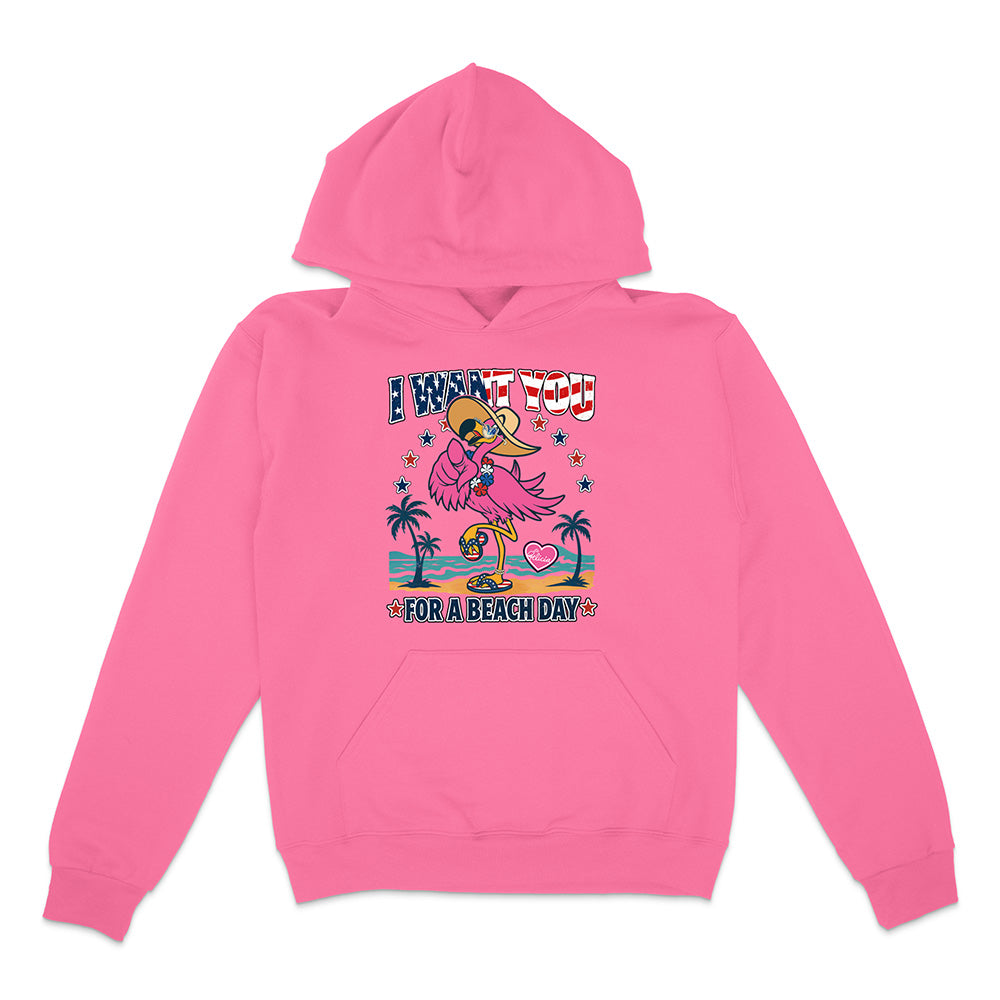 Pink hoodie with a colorful graphic and text on a white background