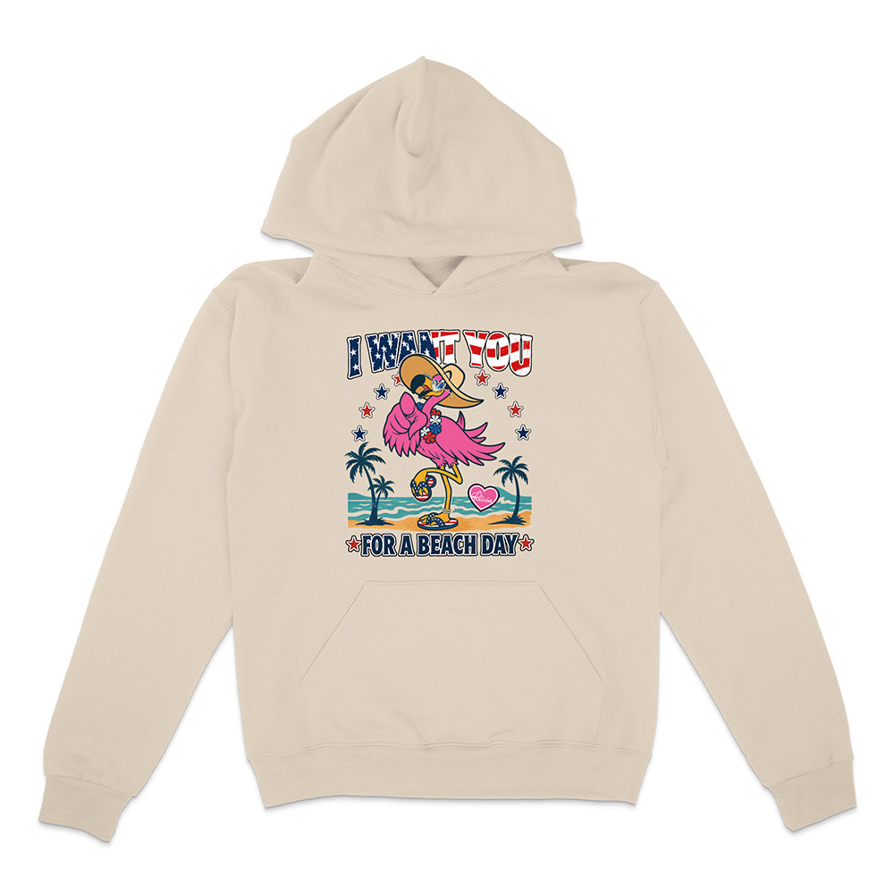 Beige hoodie with a flamingo graphic and text on a white background