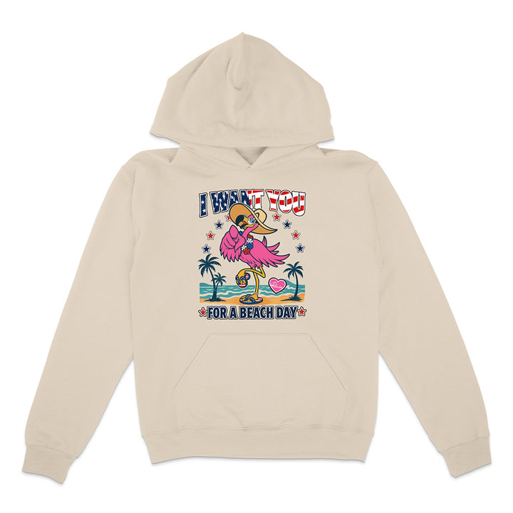 Beige hoodie with a flamingo graphic and text on a white background