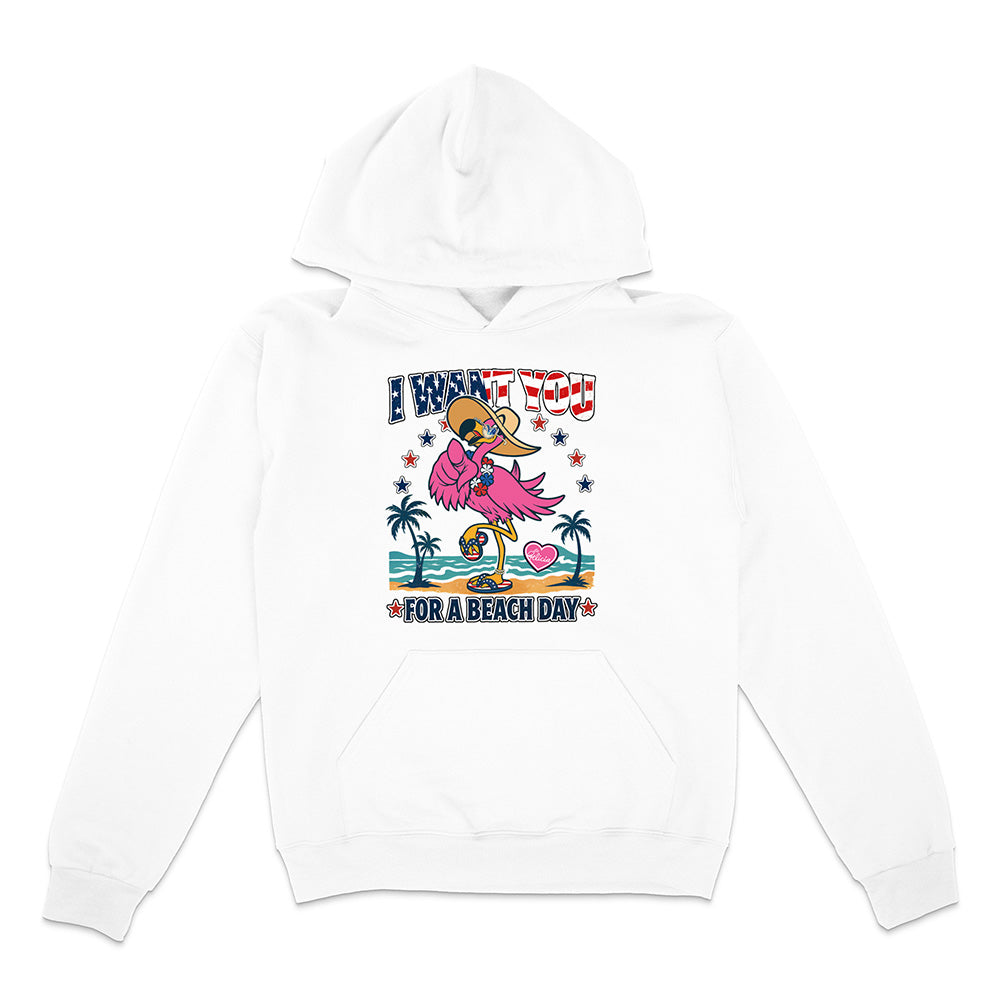 White hoodie with a colorful graphic of a flamingo and text on a white background