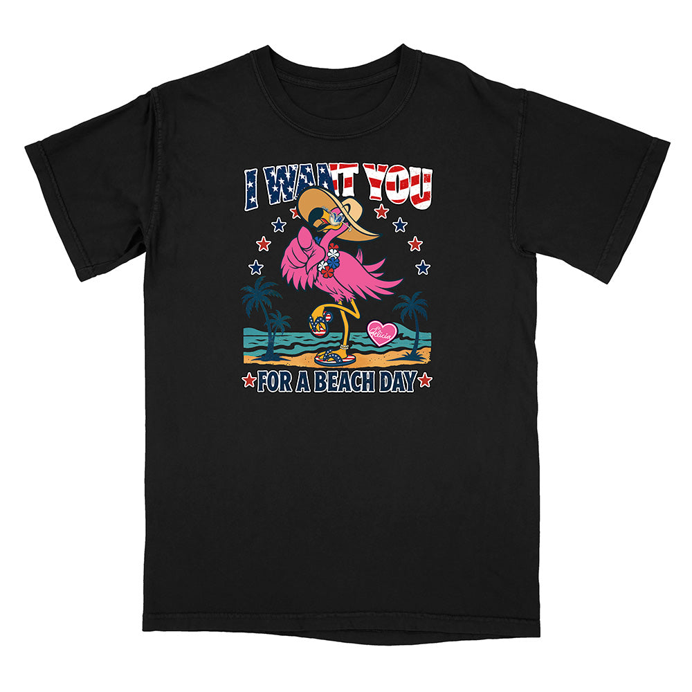 Black t-shirt with a colorful graphic of a flamingo and text on a white background
