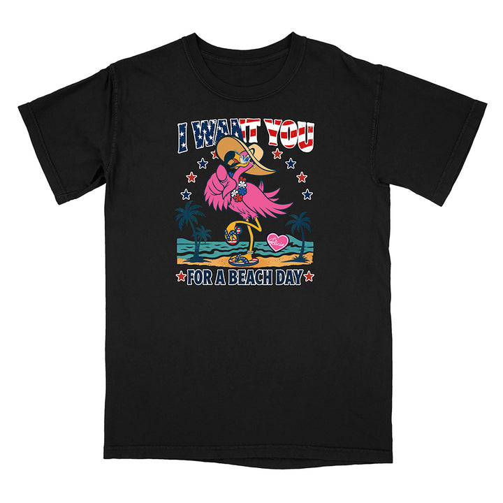 Black t-shirt with a colorful graphic of a flamingo and text on a white background