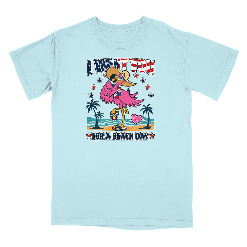 Light blue t-shirt with a flamingo graphic and text on a white background