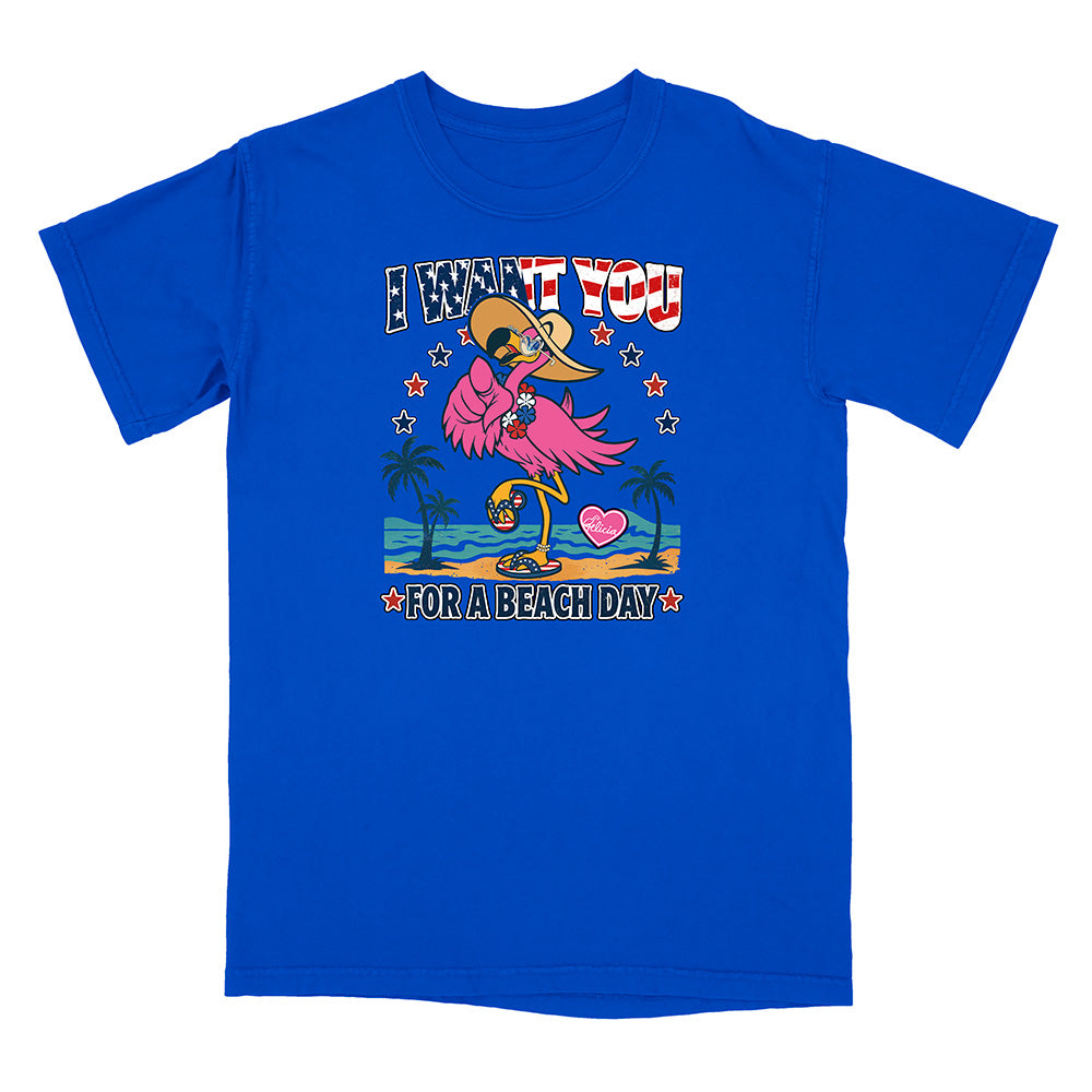 Blue t-shirt with a colorful graphic of a flamingo and text on a white background