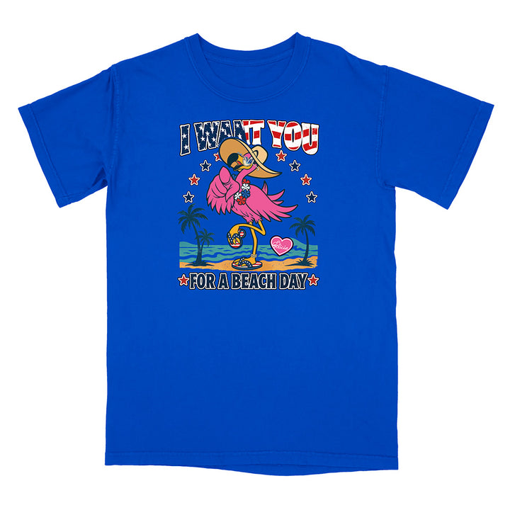 Blue t-shirt with a colorful graphic of a flamingo and text on a white background