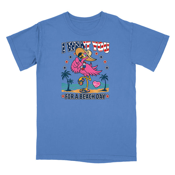 Blue t-shirt with a colorful graphic of a flamingo and text on a white background
